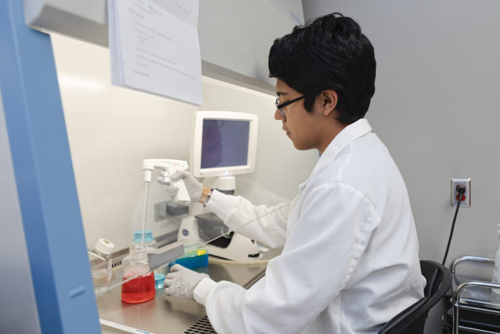 A student in a white coat and gloves works with pipettes and containers under a fume hood in a laboratory.