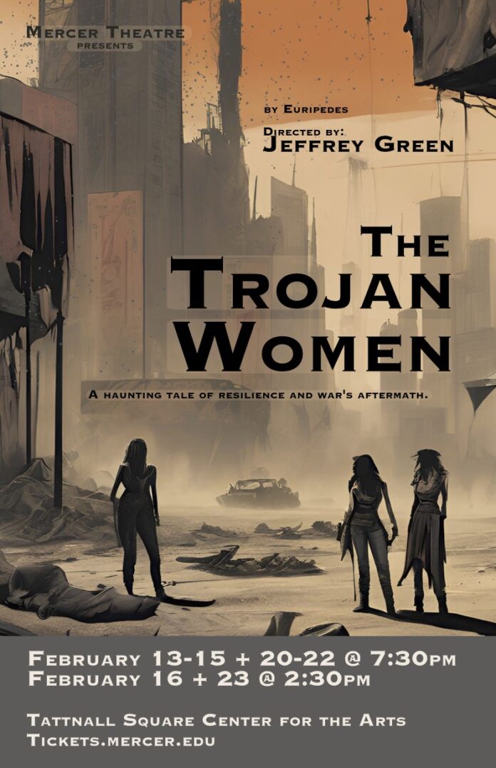 Poster for "The Trojan Women," showing a postwar cityscape with four silhouetted figures.