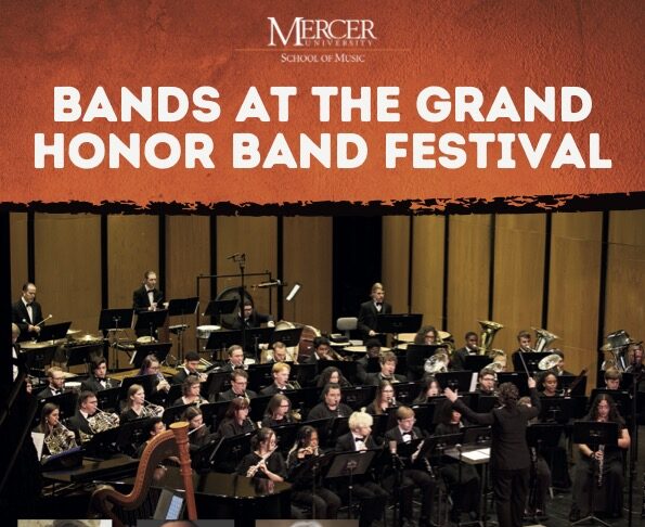 Poster for Bands at the Grand Honor Band Festival with performance details and images of conductors and ensemble.