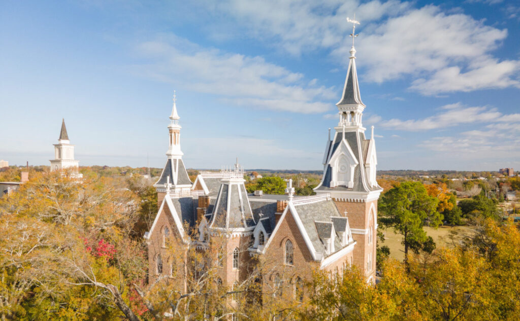 Spires of Mercer's Administration Building in the fall.