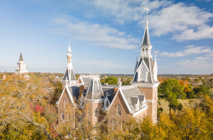 Spires of Mercer's Administration Building in the fall.