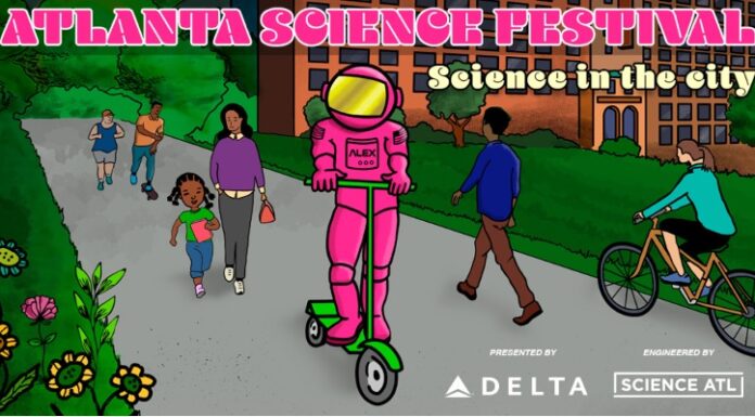 Get hands-on at the 2025 Atlanta Science Festival Exploration Expo Illustrated poster for Atlanta Science Festival featuring a pink astronaut on a scooter in a park with people walking and cycling.
