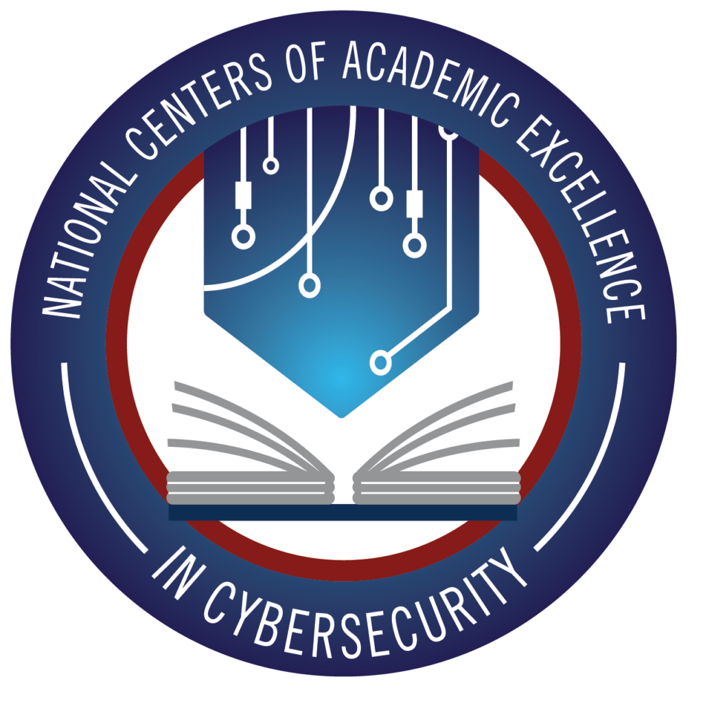 Seal of National Centers of Academic Excellence in Cybersecurity, featuring an open book and digital circuit design.