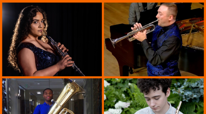 Four Mercer students selected for competitive national Intercollegiate Band ensemble Four musicians performing: a woman with an oboe, a man playing a trumpet, a young man holding a tuba, and a boy with a flute.