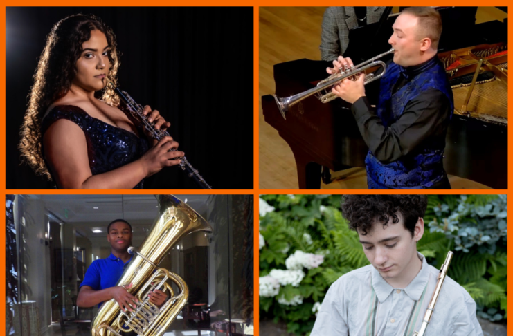 Four musicians performing: a woman with an oboe, a man playing a trumpet, a young man holding a tuba, and a boy with a flute.