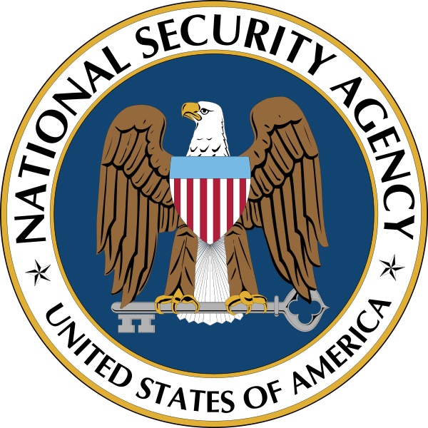 Seal of the National Security Agency with an eagle holding a key and shield, encircled by the agencys name and United States of America.