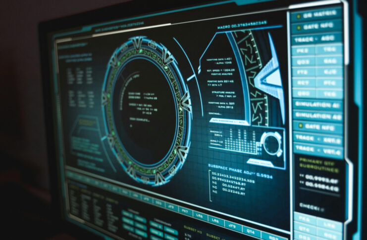 Computer screen displaying dark-themed interface with circular graphic, data tables, and text in a futuristic design.