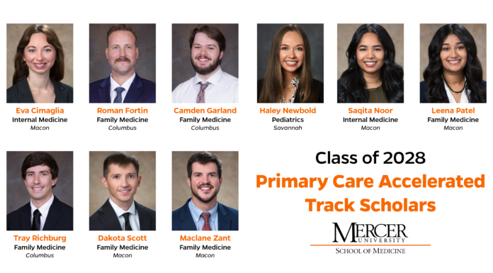 School of Medicine announces 2025 Primary Care Accelerated Track Scholars Headshots of ten Primary Care Accelerated Track Scholars, Class of 2028, from Mercer University School of Medicine.