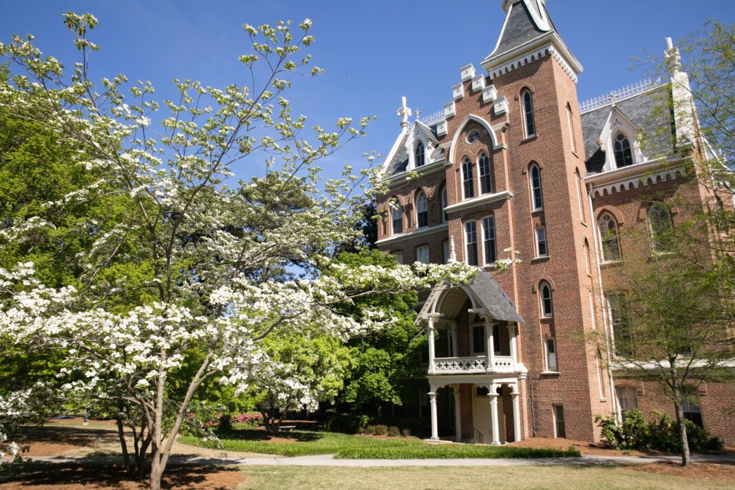 A historic brick building with white trim stands beside blooming trees under a clear blue sky.