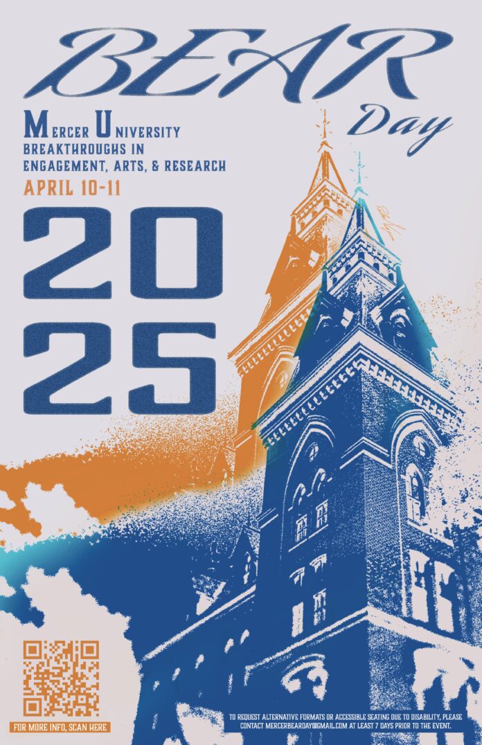 Stylized poster for Mercer Universitys BEAR Day 2025, featuring a clock tower, with dates April 10-11, QR code included.