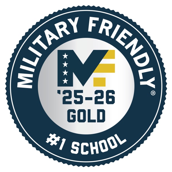 Gold seal with Military Friendly 25-26 Gold #1 School and stylized M logo.