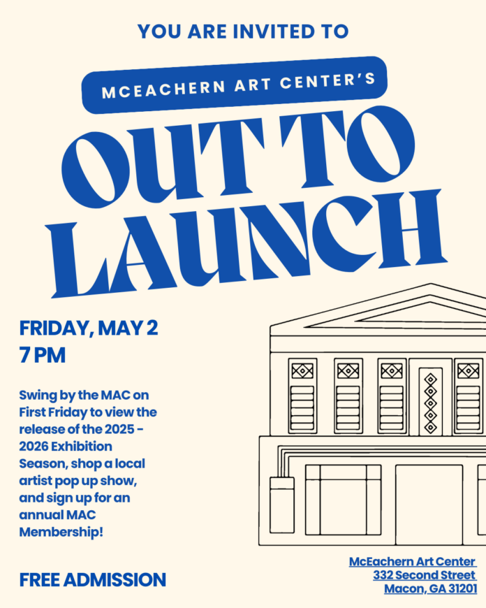 Invitation for Out to Launch at McEachern Art Center, May 2 at 7 PM; includes exhibit launch, pop up show, and free admission.