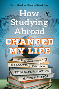 Book cover showing a globe on top of stacked books, titled "How Studying Abroad Changed My Life."