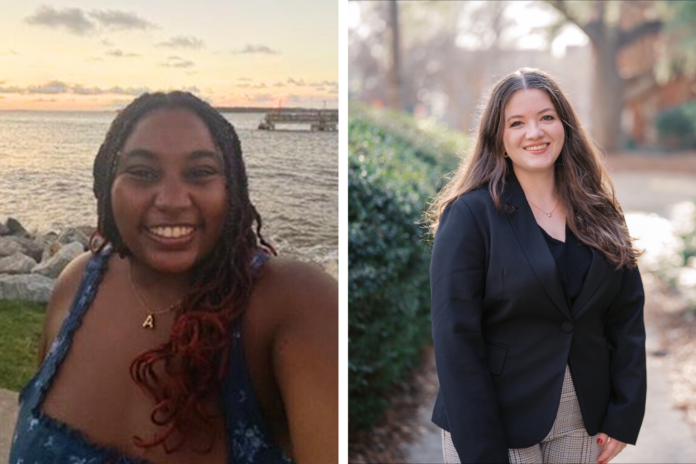 Two women pose outdoors; one by water at sunset, the other on a path lined with greenery, both smiling at the camera.