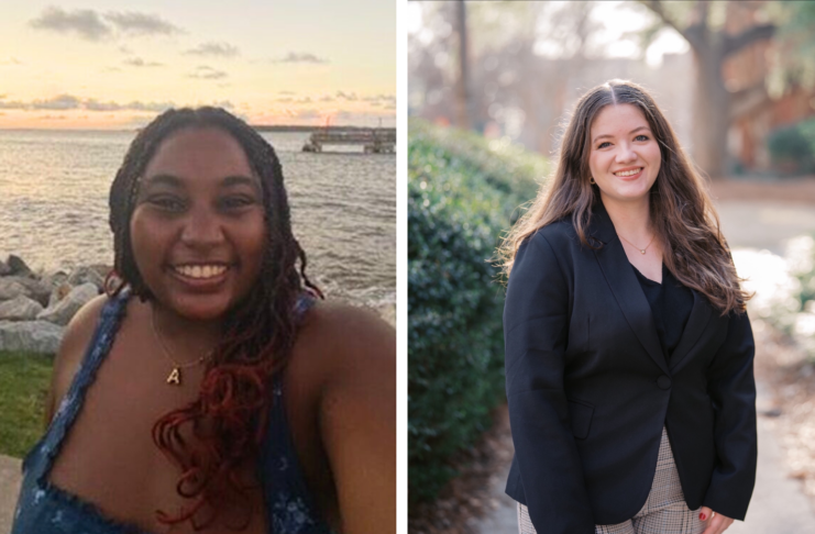 Two women pose outdoors; one by water at sunset, the other on a path lined with greenery, both smiling at the camera.