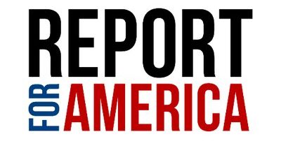 Report for America logo with the word REPORT in black, FOR in blue, and AMERICA in red on a white background.
