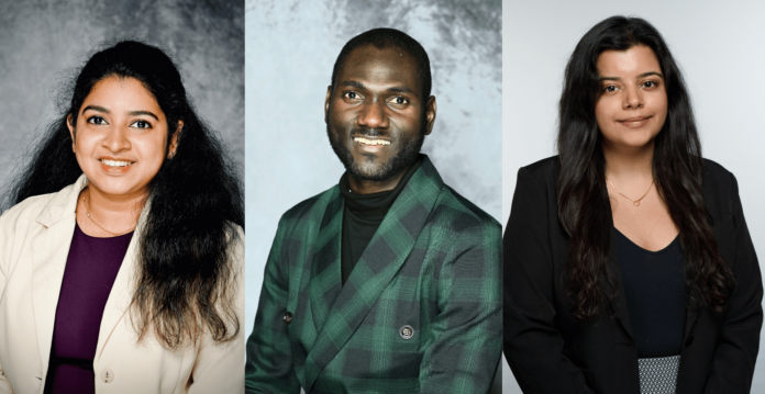 aaps abstract winners 2025-min Three people in business attire pose for individual professional headshots against neutral backgrounds.