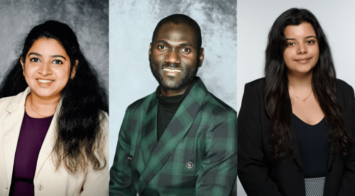 Three Ph.D. pharmacy students take home AAPS Best Abstract awards Three people in business attire pose for individual professional headshots against neutral backgrounds.