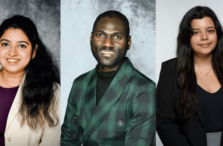Three people in business attire pose for individual professional headshots against neutral backgrounds.