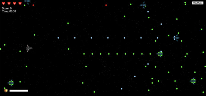 Video game screen with spaceships, green and blue dots, score and timer at top left, and Play Music button at top right.