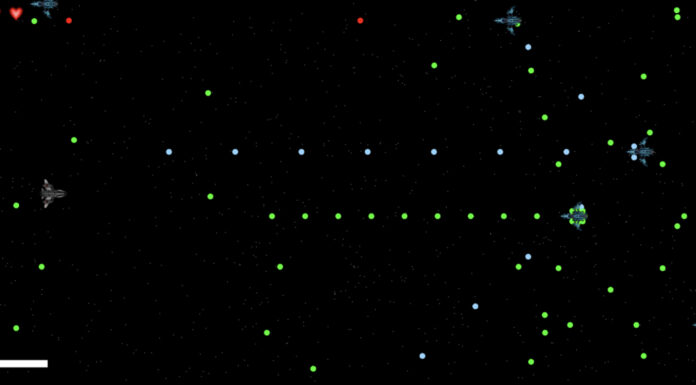 Graduate students create online games for final project — and you can play them Video game screen with spaceships, green and blue dots, score and timer at top left, and Play Music button at top right.