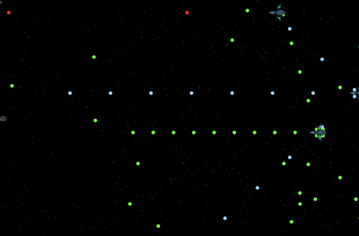 Video game screen with spaceships, green and blue dots, score and timer at top left, and Play Music button at top right.