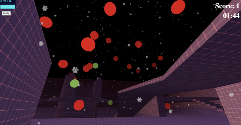 3D game scene with red and green spheres, snowflakes, a castle, and a score timer in the top right corner.