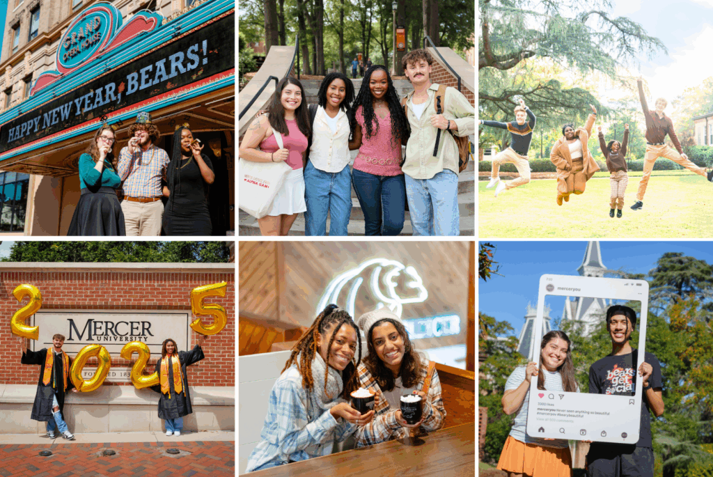 Collage of students at Mercer University posing, celebrating, and enjoying campus events in various outdoor and indoor settings.