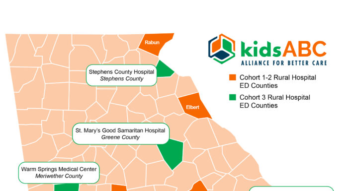 MUSM, GRHIC select rural hospitals for year 3 of KidsABC program Map of Georgia showing locations of rural hospitals and counties in two cohorts, highlighted in green and orange.