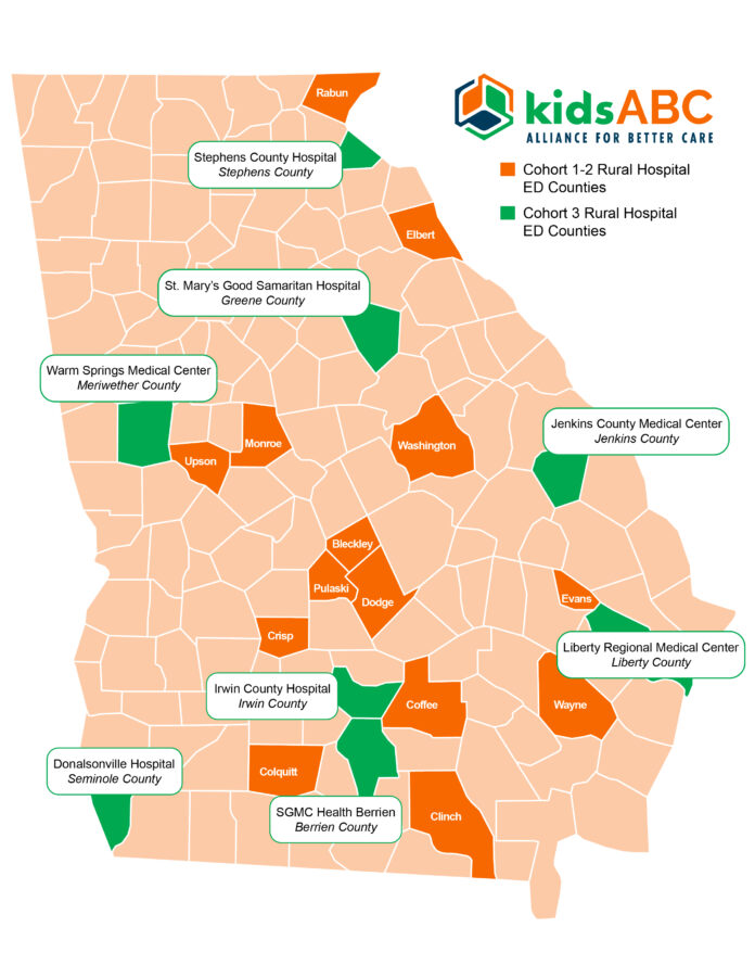 Map of Georgia showing locations of rural hospitals and counties in two cohorts, highlighted in green and orange.