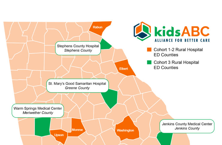 Map of Georgia showing locations of rural hospitals and counties in two cohorts, highlighted in green and orange.