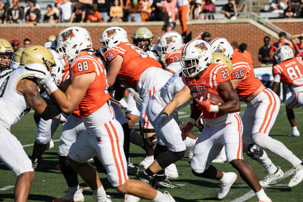A college football game between Mercer and Wofford in progress.