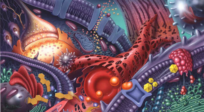 Mercer alumnus played prominent role advancing medical illustration field Colorful illustration of cellular structures, including mitochondria, ribosomes, endoplasmic reticulum, and a red blood cell.