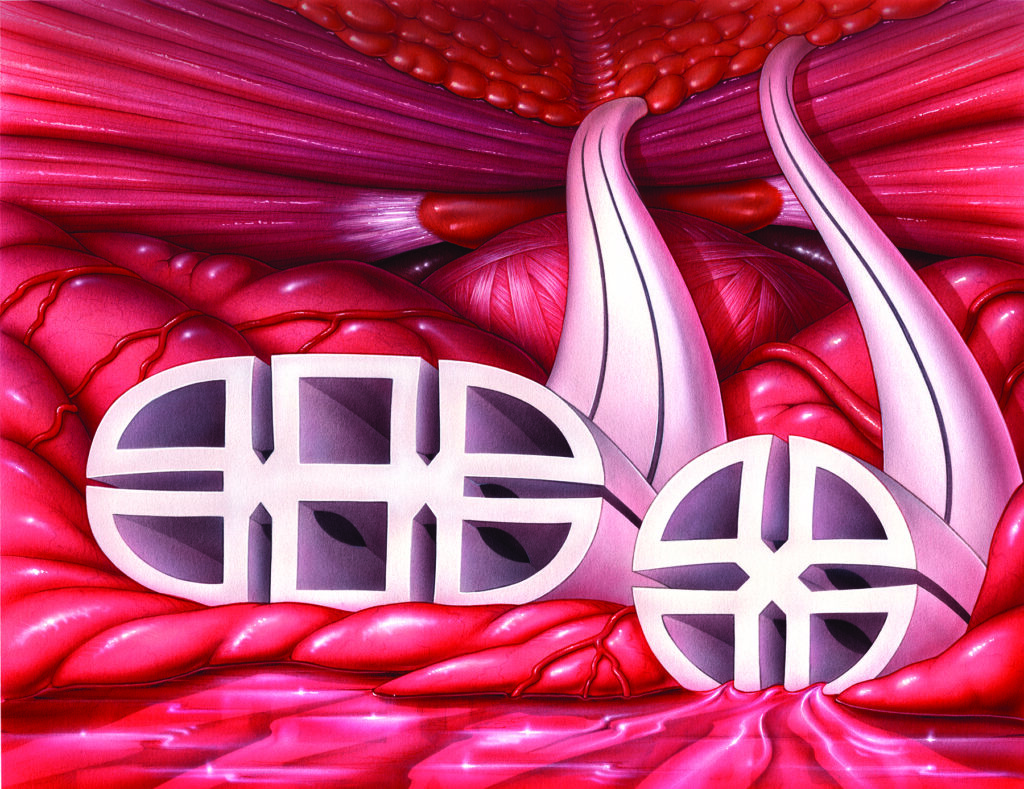 Abstract image of pink, organic shapes with two white geometric structures in the foreground.