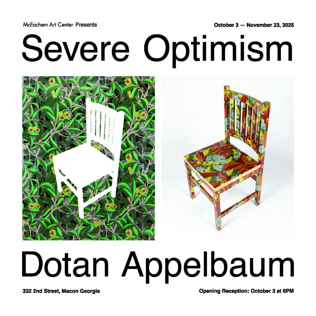 Poster for Severe Optimism art exhibit by Dotan Appelbaum, featuring two decorated chairs on patterned backgrounds.
