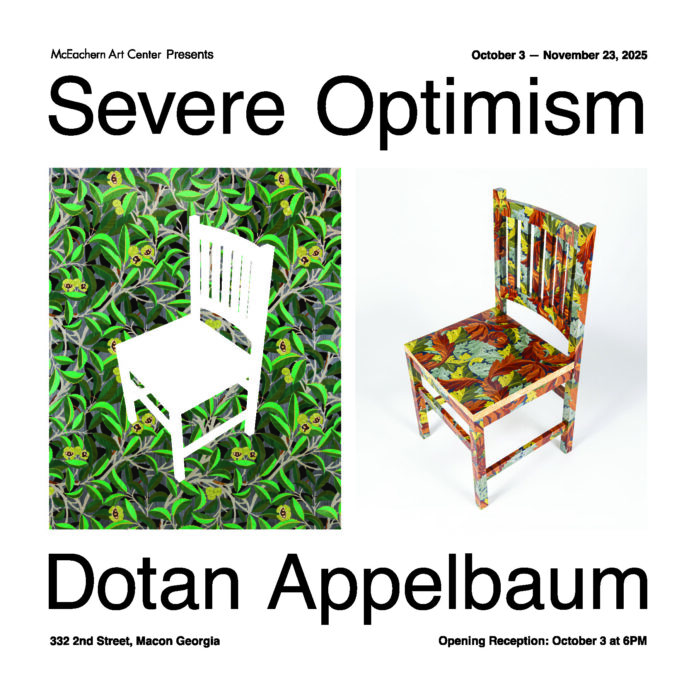 Poster for Severe Optimism art exhibit by Dotan Appelbaum, featuring two decorated chairs on patterned backgrounds.