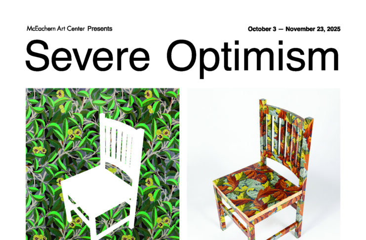 Poster for Severe Optimism art exhibit by Dotan Appelbaum, featuring two decorated chairs on patterned backgrounds.