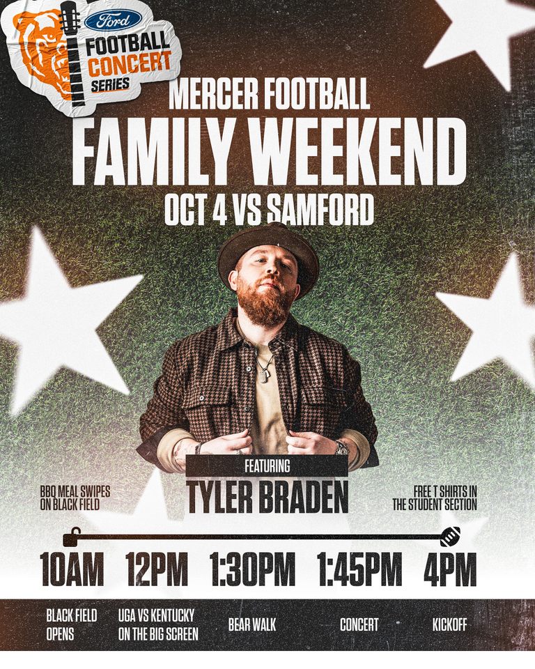 Event poster for Mercer Football Family Weekend on Oct 4 featuring Tyler Braden, with event times and activities listed.