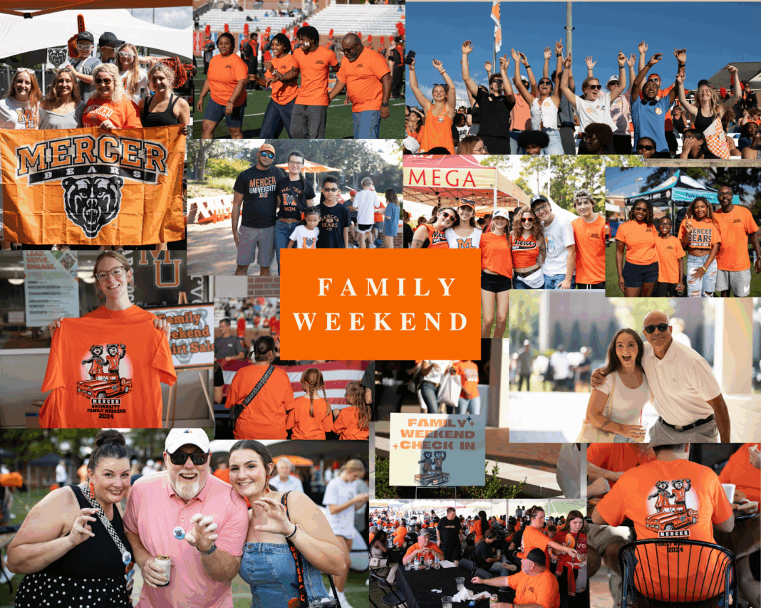 Collage of people at Mercer University’s Family Weekend, including groups posing, cheering, and participating in activities.