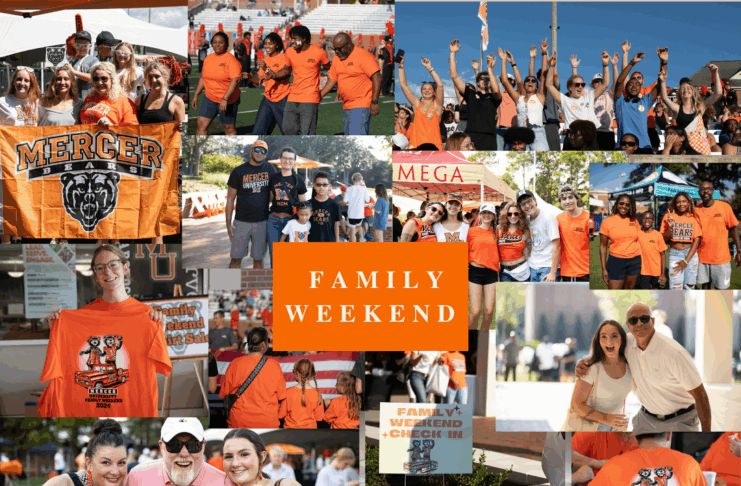 Collage of people at Mercer University’s Family Weekend, including groups posing, cheering, and participating in activities.
