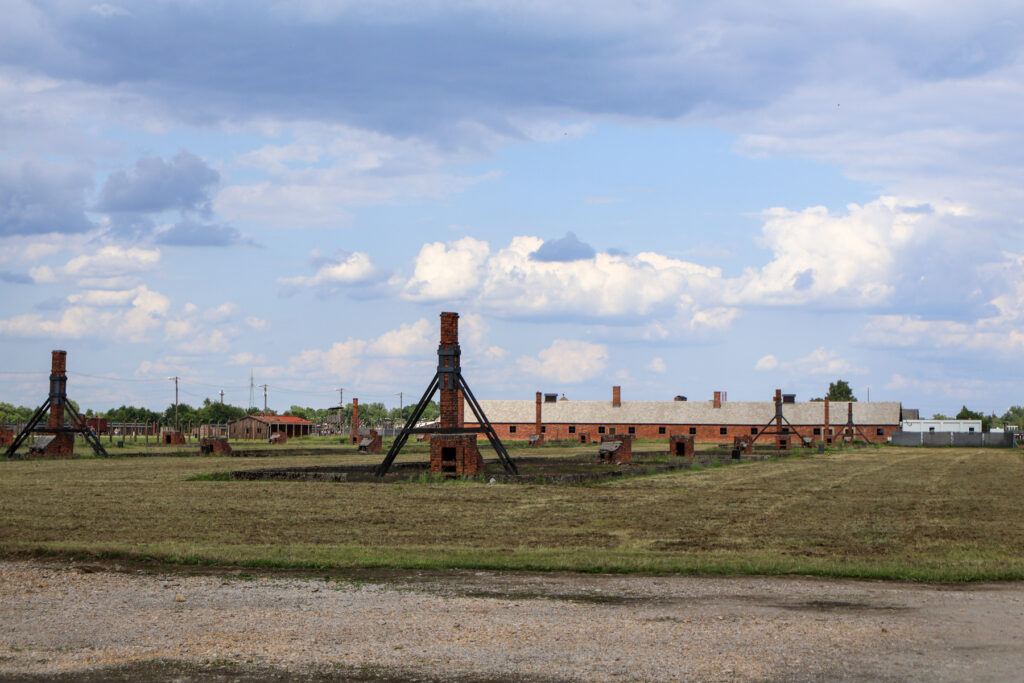 Open field with scattered brick chimneys and a long, low brick building under a cloudy sky.