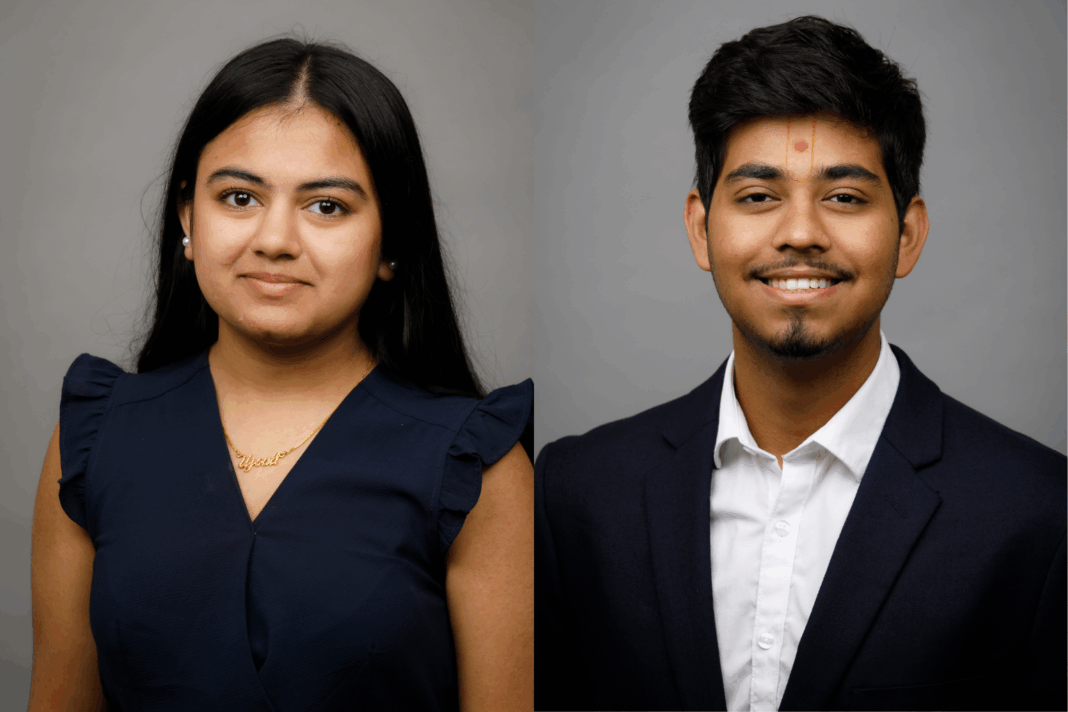 A woman and a man in formal attire pose for separate professional portraits against a plain gray background.