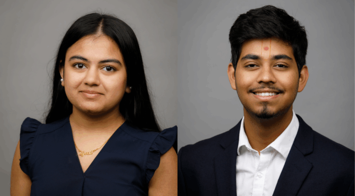 Two sophomores chosen as Sullivan Fellows A woman and a man in formal attire pose for separate professional portraits against a plain gray background.