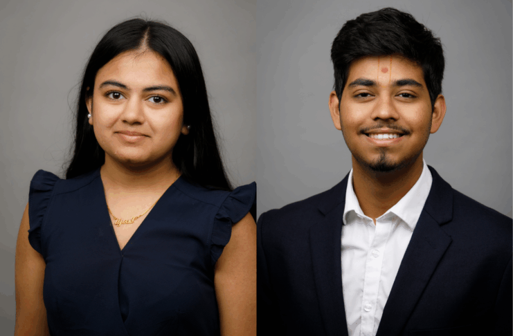 A woman and a man in formal attire pose for separate professional portraits against a plain gray background.