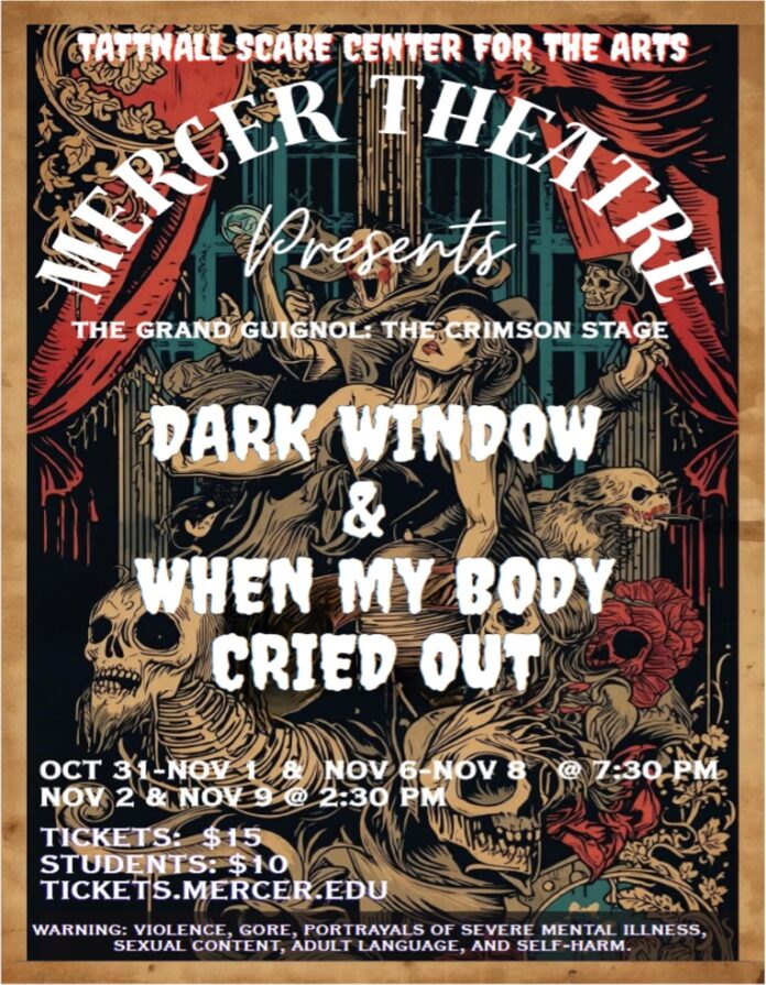 Poster for Dark Window & When My Body Cried Out at Mercer Theatre, listing dates, ticket prices, and content warnings.