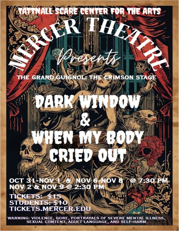 Poster for Dark Window & When My Body Cried Out at Mercer Theatre, listing dates, ticket prices, and content warnings.