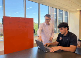 Biology professor earns EXPy Award for gene project work Two people work together at a table; one points at a laptop while the other types, with a whiteboard in the background.