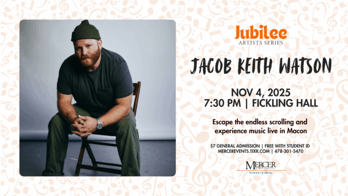 Watson poster FB A bearded man sits on a wooden chair; event details for Jacob Keith Watson concert are displayed beside him.