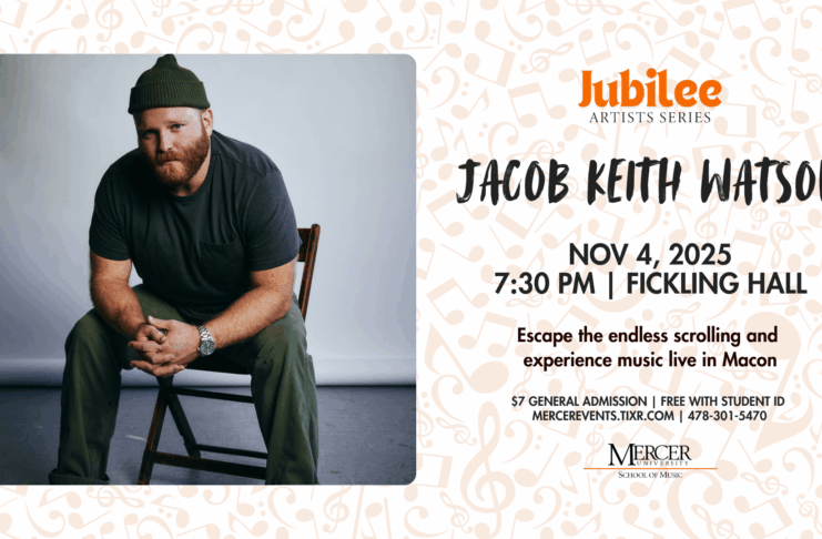 A bearded man sits on a wooden chair; event details for Jacob Keith Watson concert are displayed beside him.