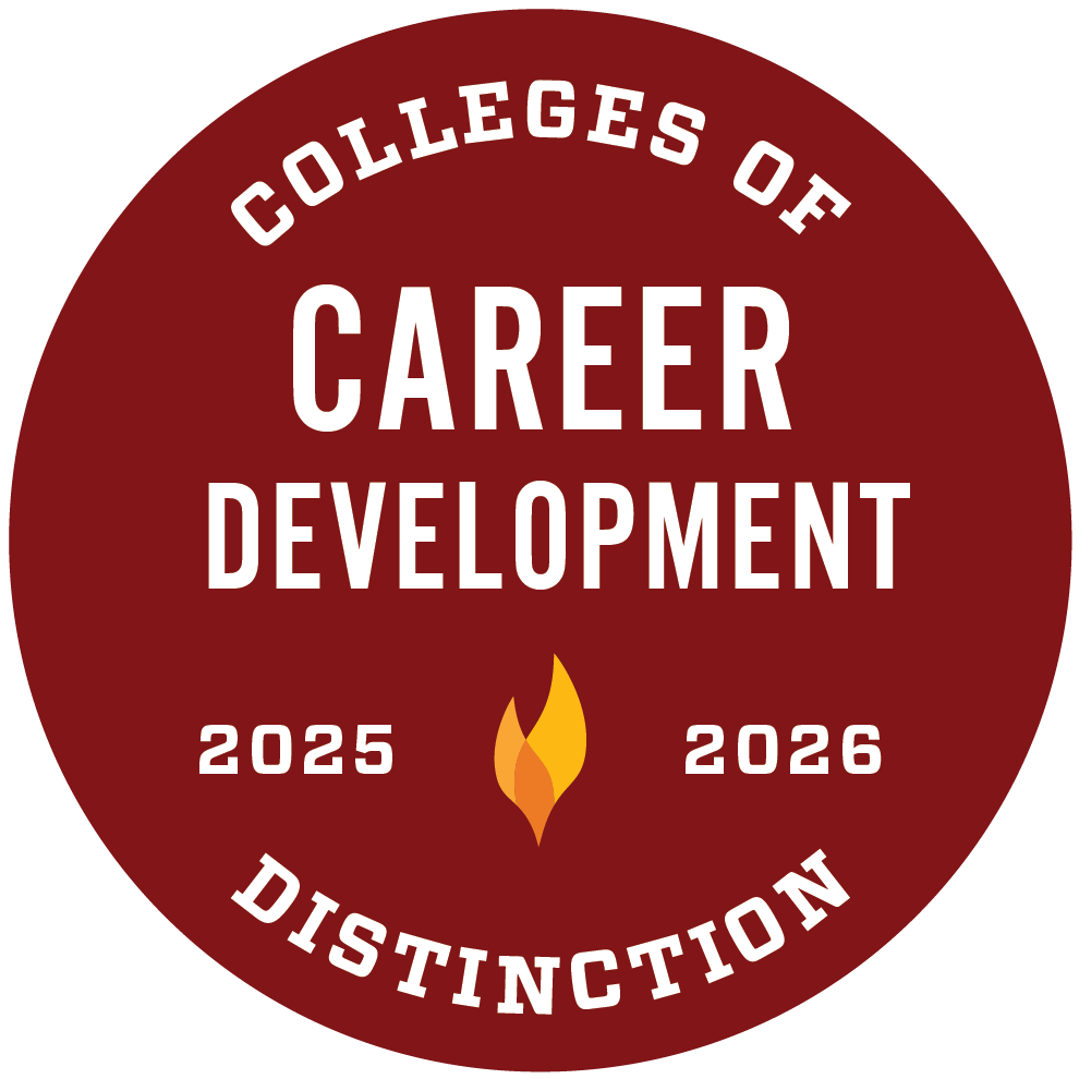 Maroon circular badge reads “Colleges of Career Development 2025 2026 Distinction” with a flame icon in the center.